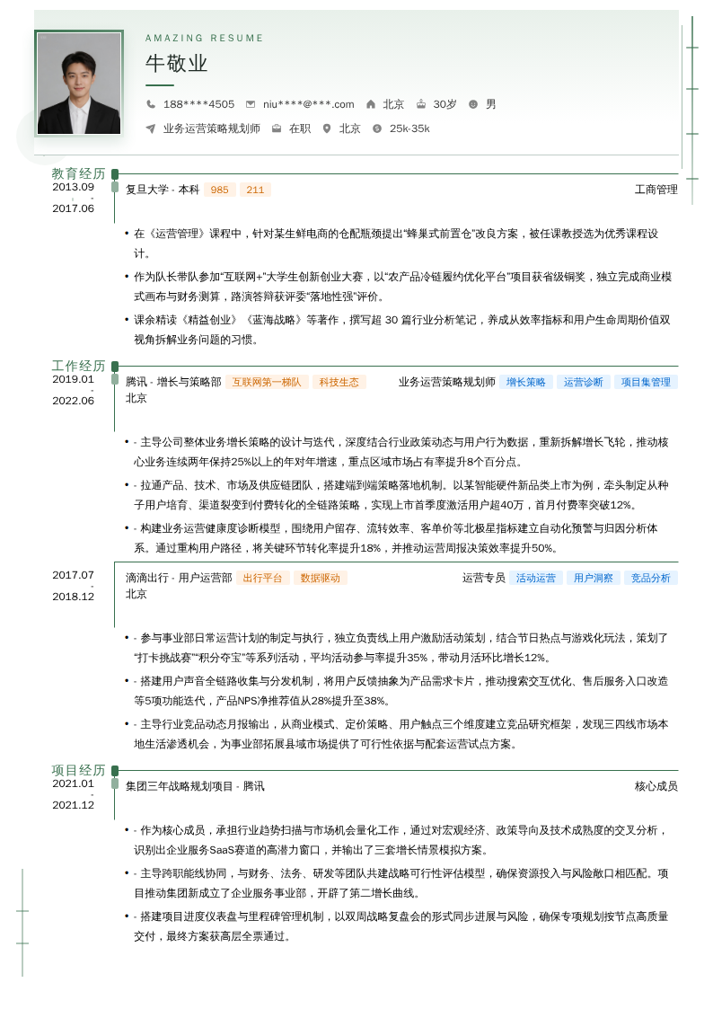 业务运营策略规划师简历模板
