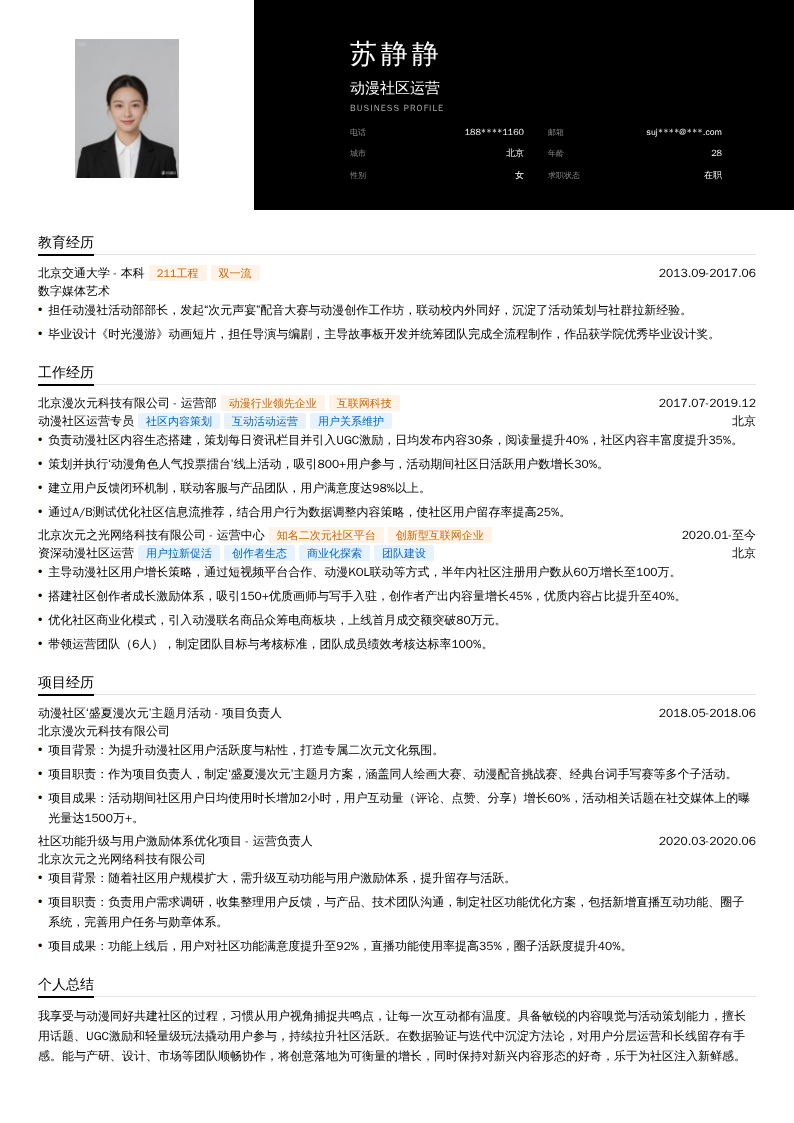 动漫社区运营简历模板