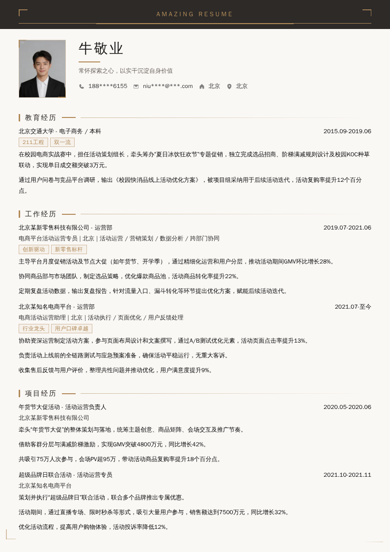 电商平台活动运营专员简历模板
