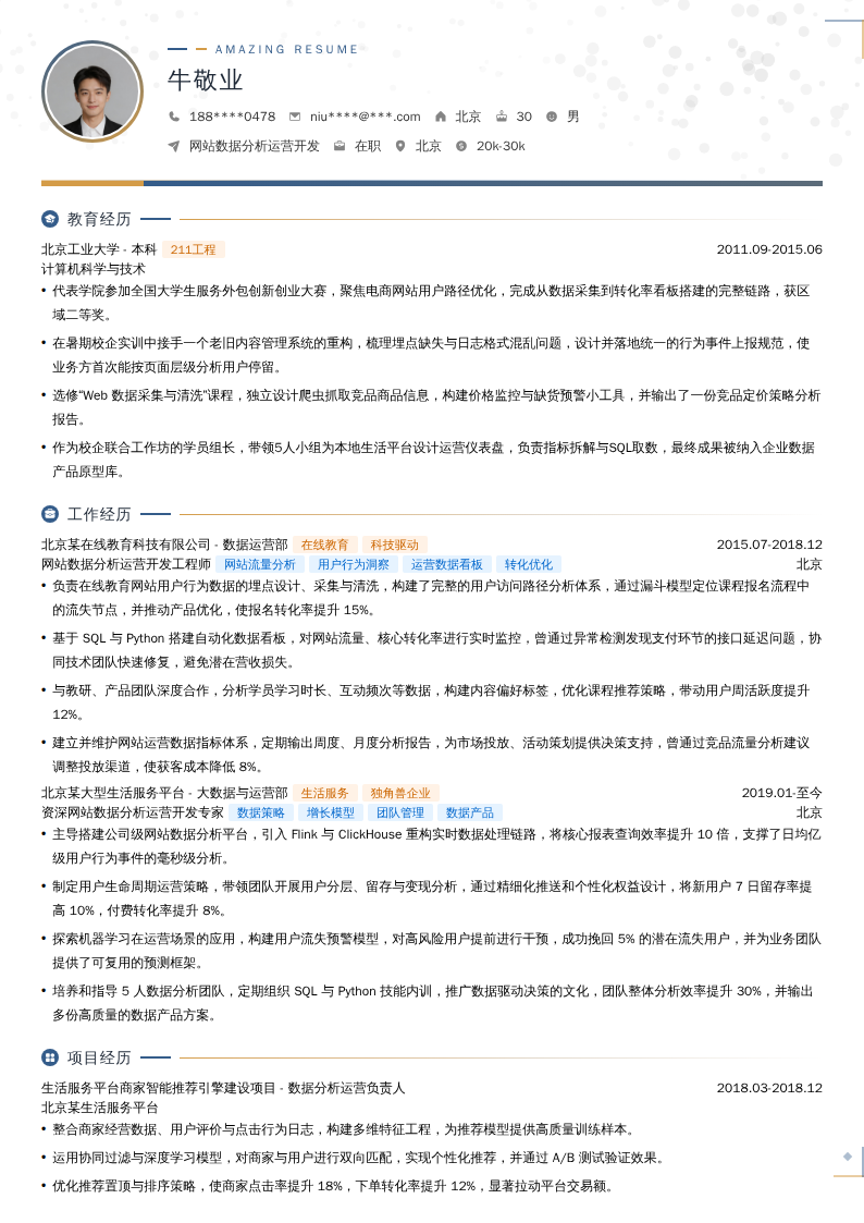 网站数据分析运营开发简历模板