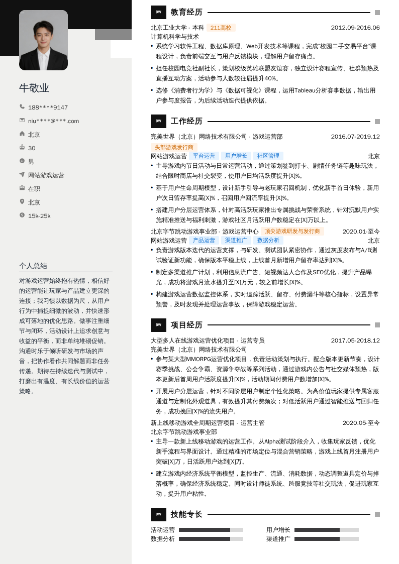 网站游戏运营简历模板