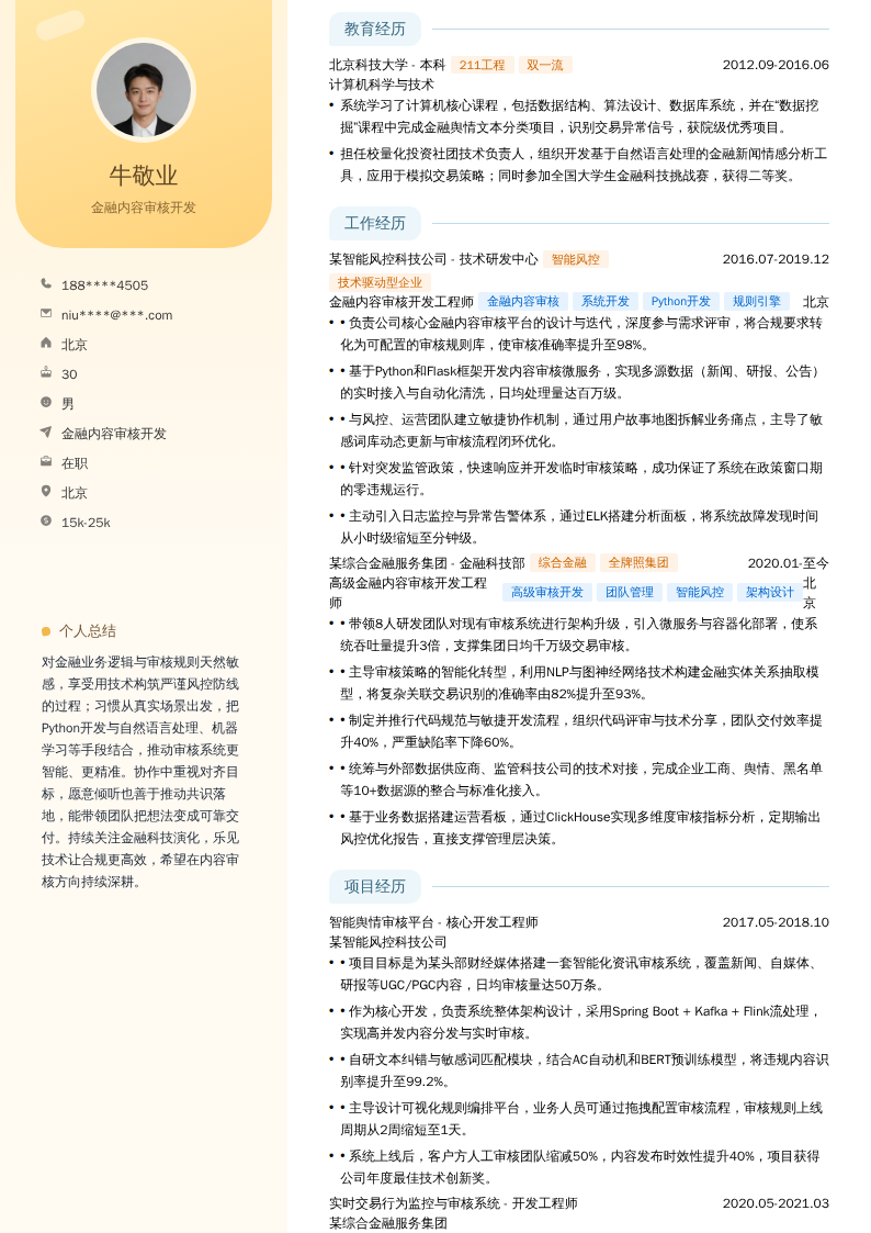 金融内容审核开发简历模板