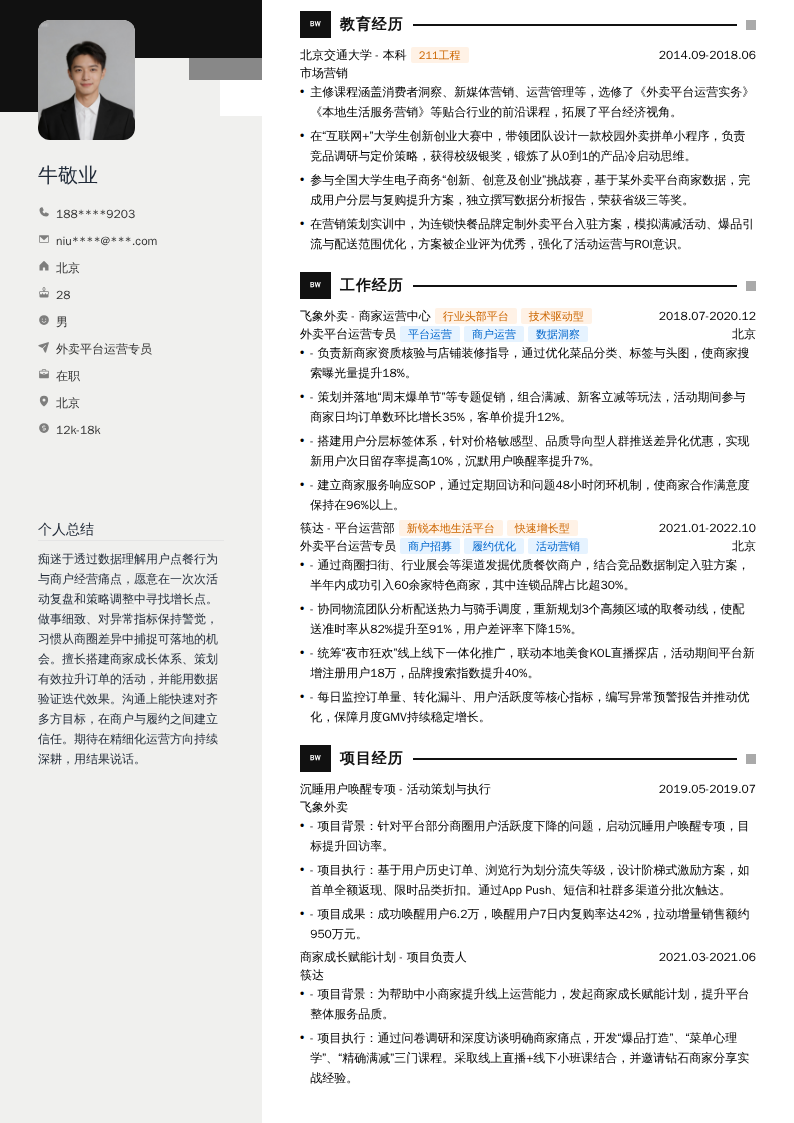 外卖平台运营专员简历模板