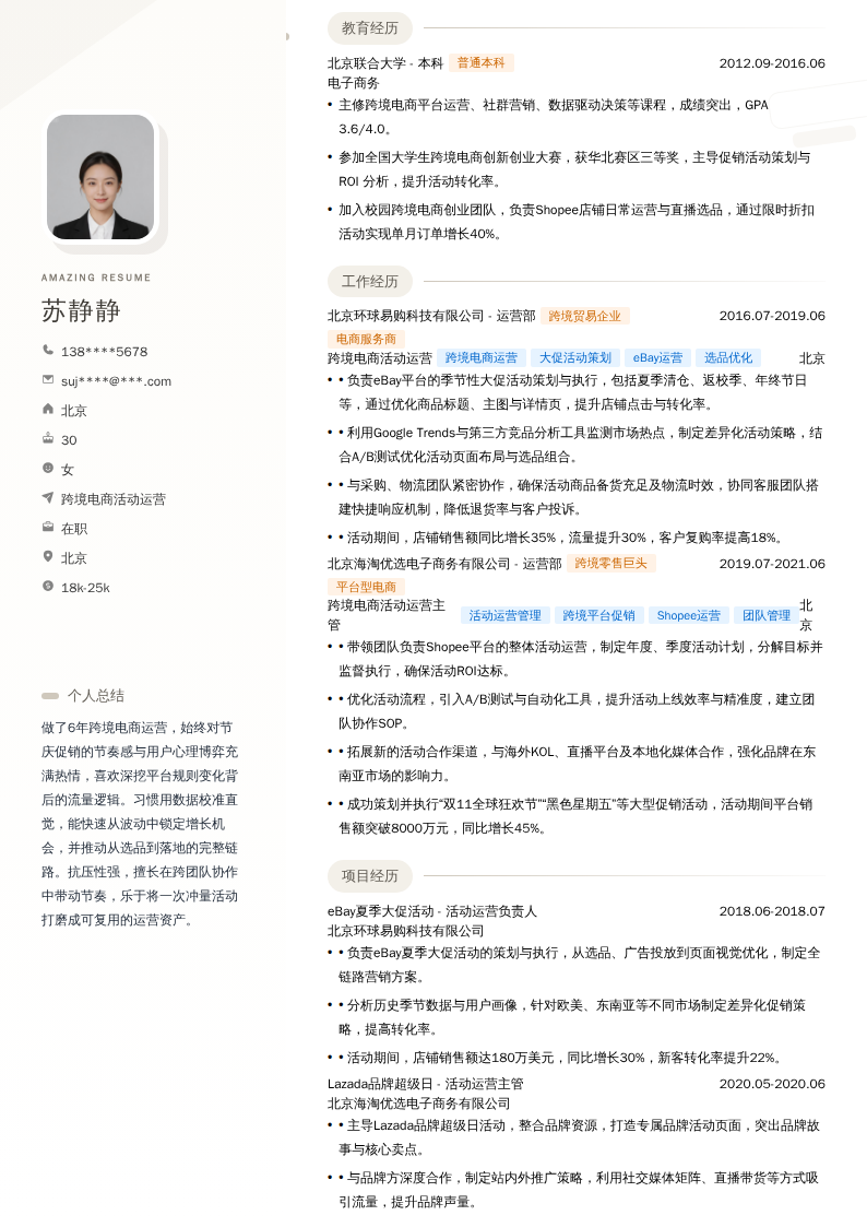 跨境电商活动运营简历模板