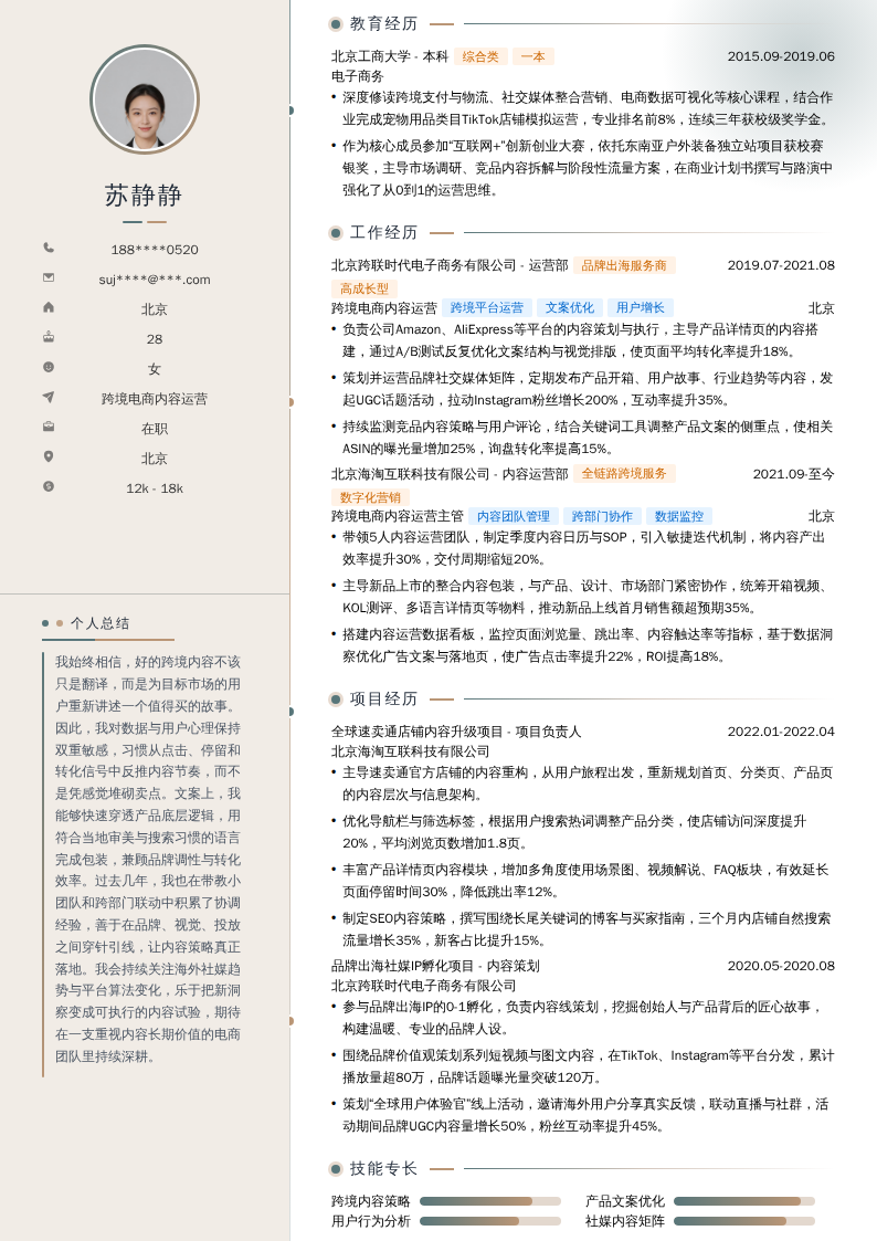 跨境电商内容运营简历模板