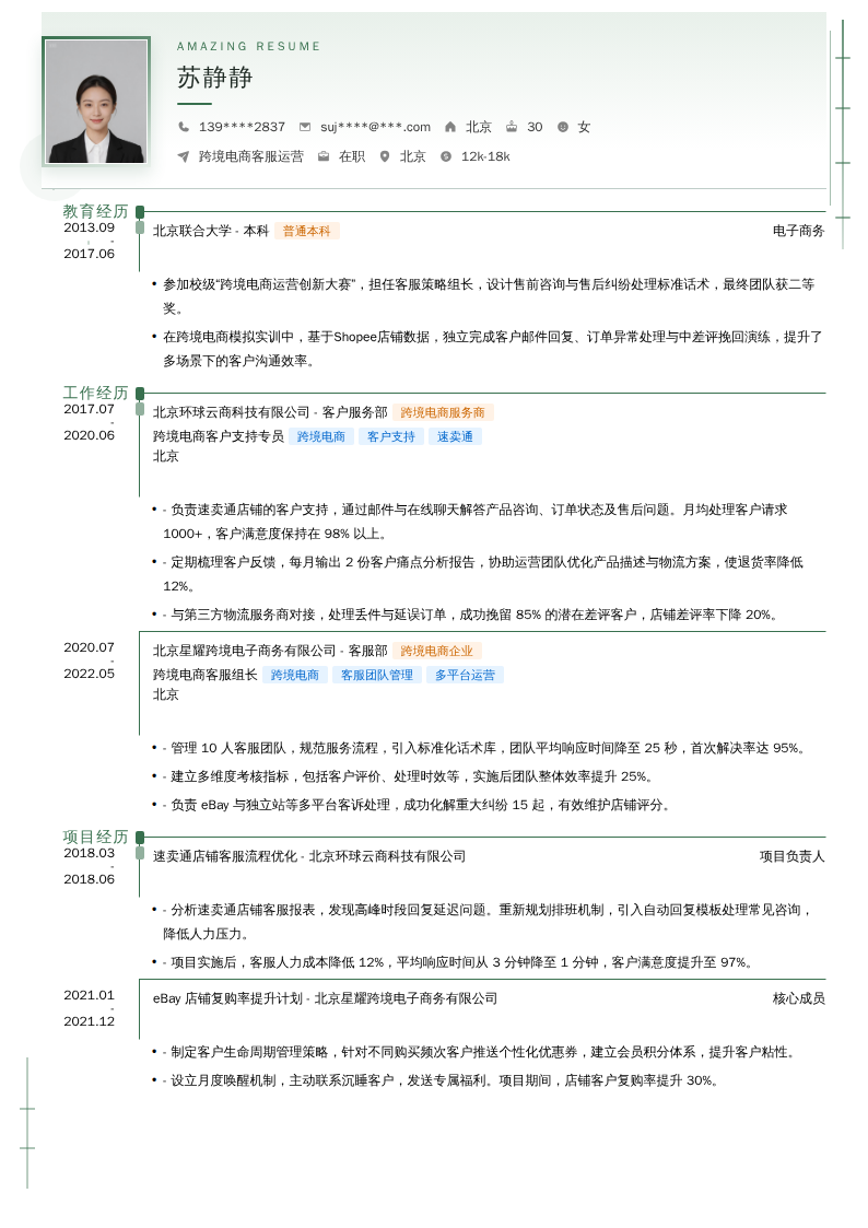 跨境电商客服运营简历模板