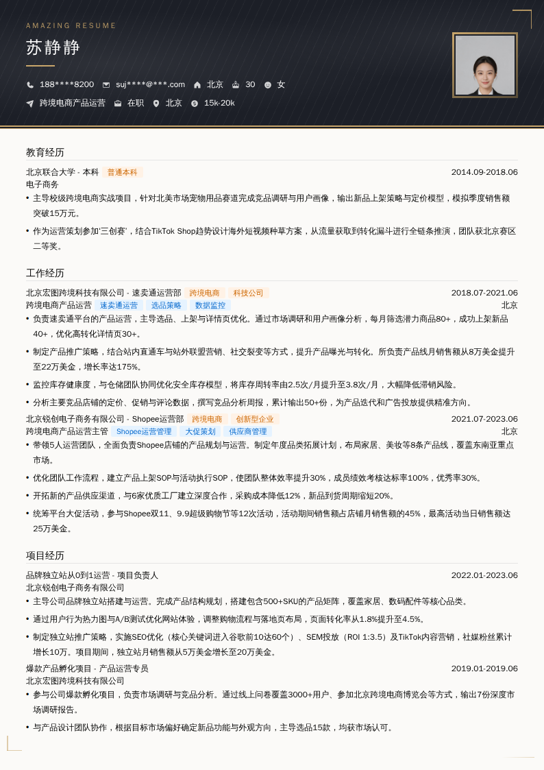 跨境电商产品运营简历模板