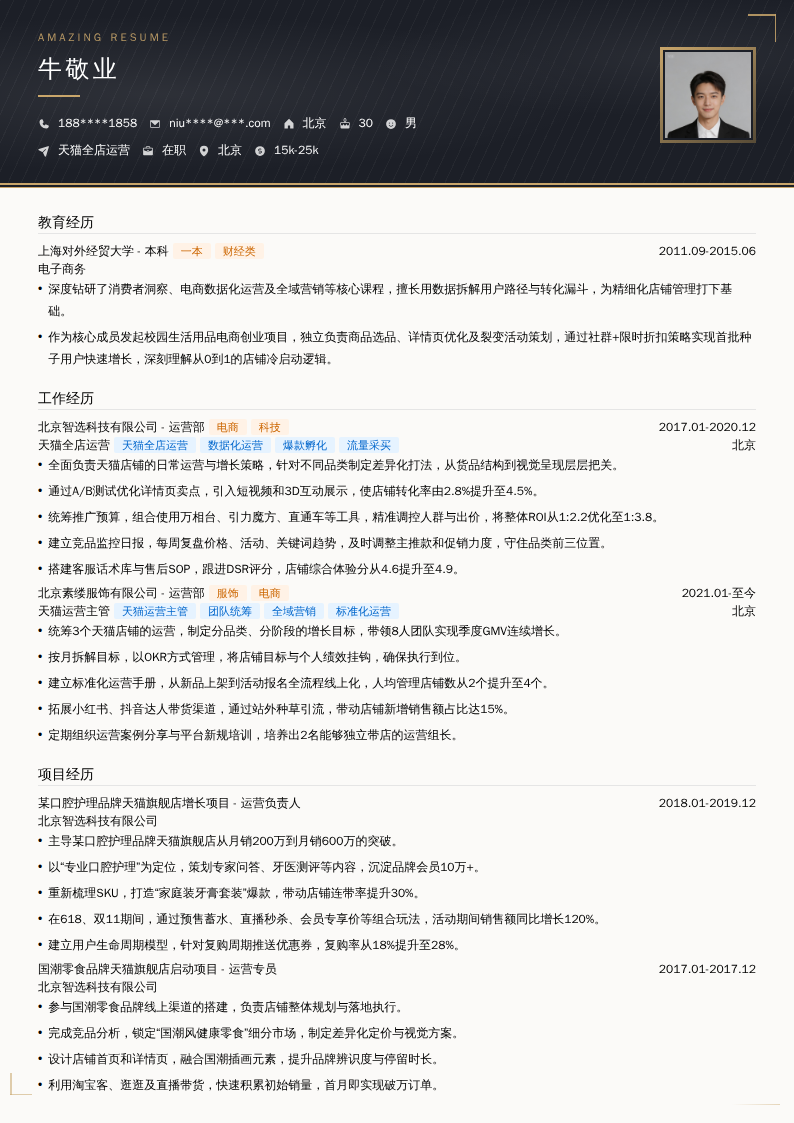 天猫全店运营简历模板