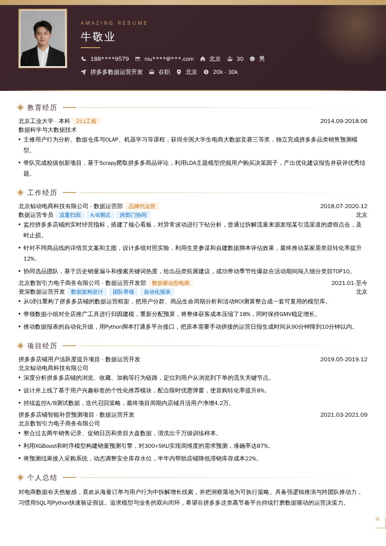 拼多多数据运营开发简历模板