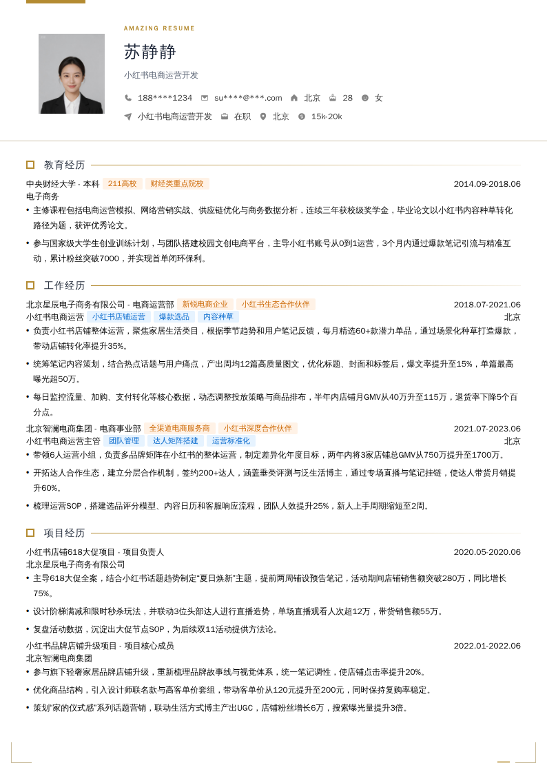 小红书电商运营开发简历模板