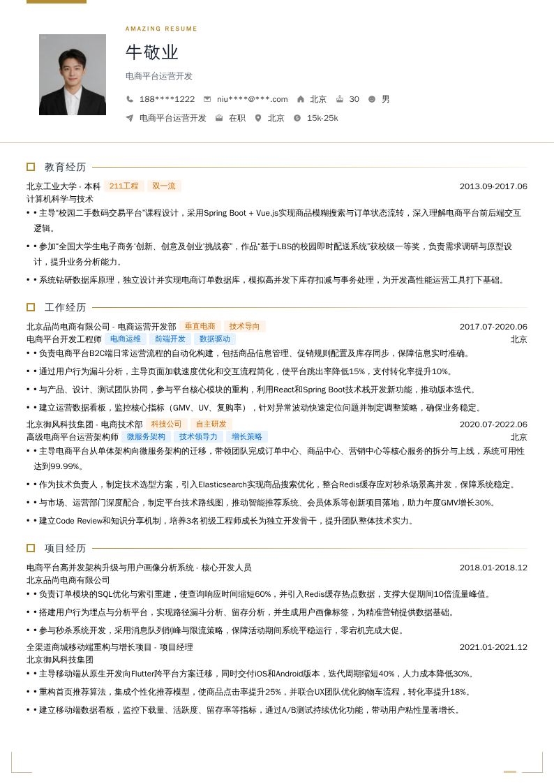 电商平台运营开发简历模板