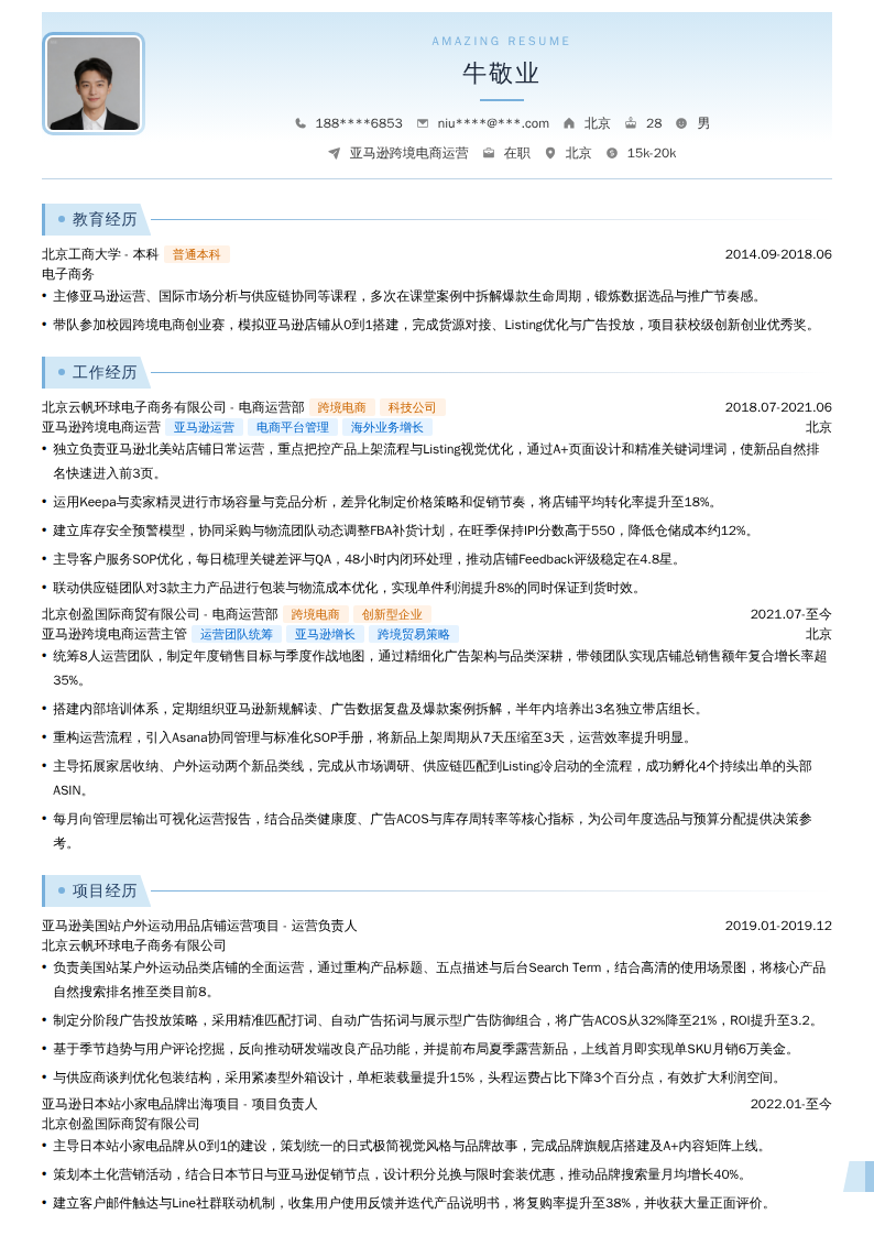 亚马逊跨境电商运营简历模板
