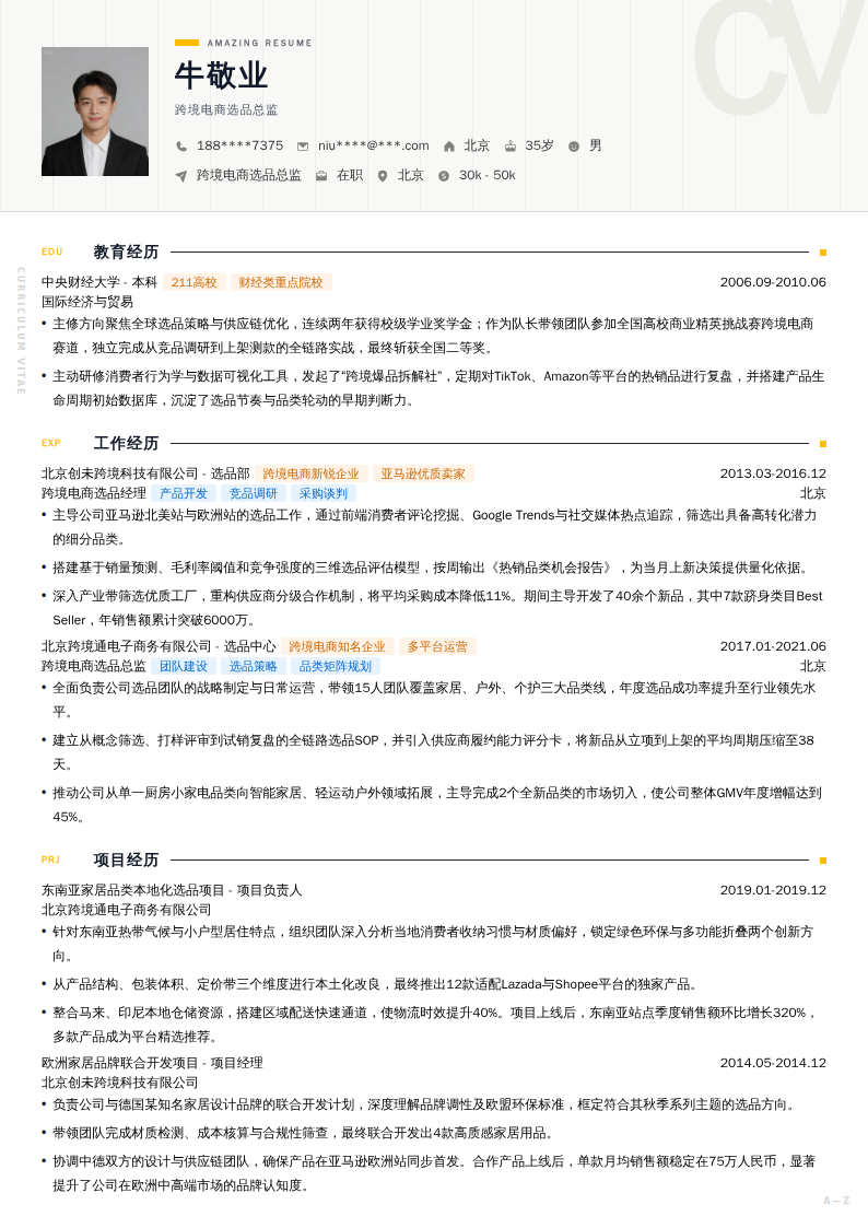跨境电商选品总监简历模板