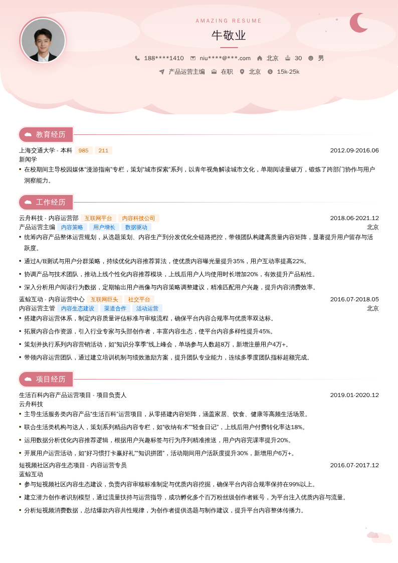产品运营主编简历模板