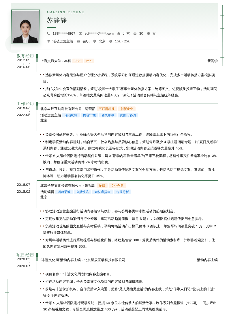 活动运营主编简历模板