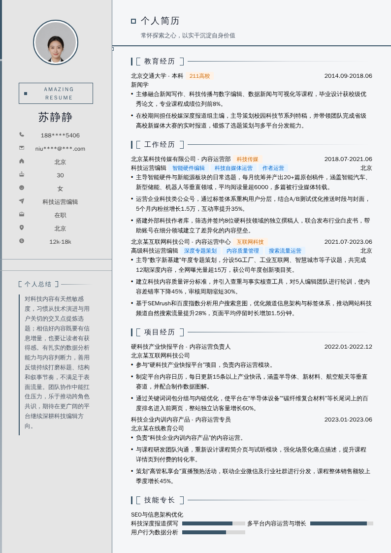 科技运营编辑简历模板