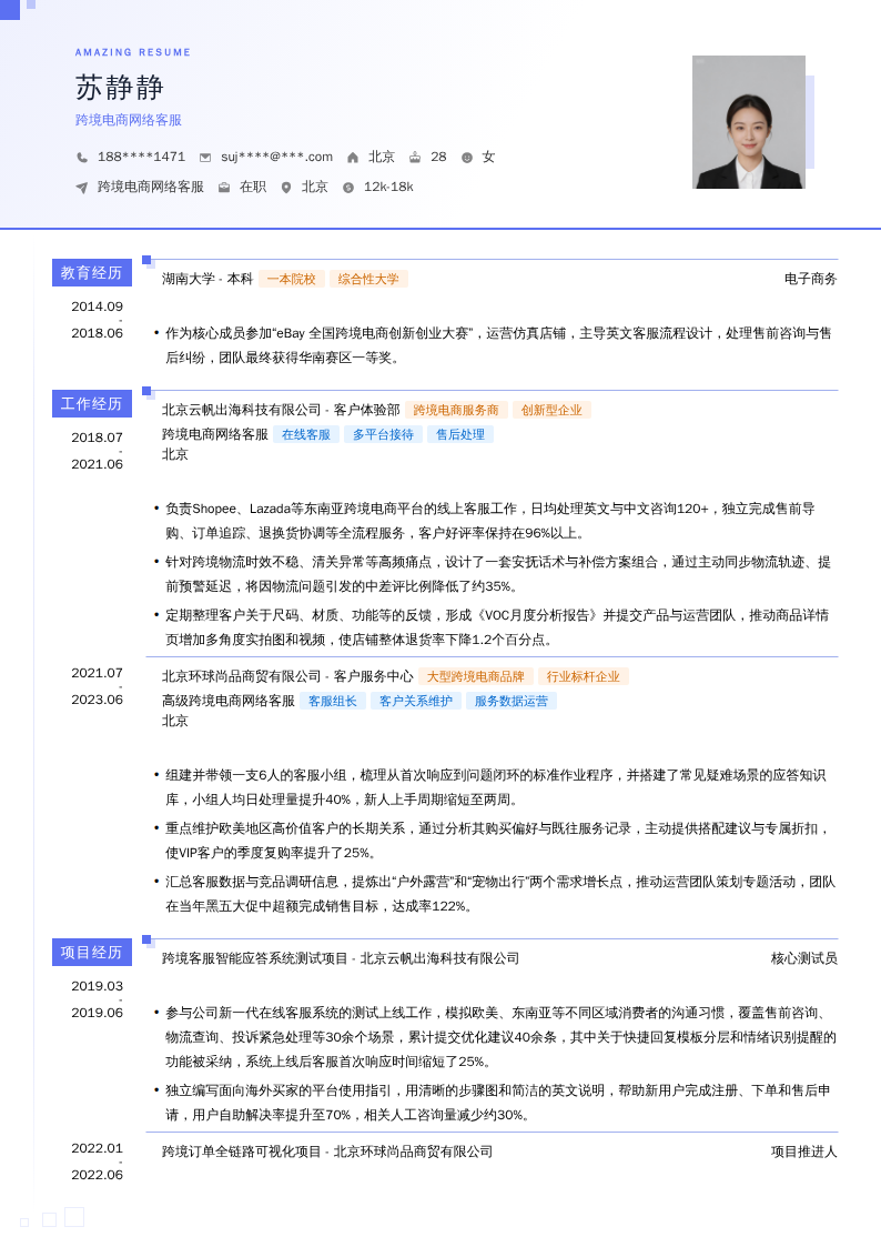 跨境电商网络客服简历模板