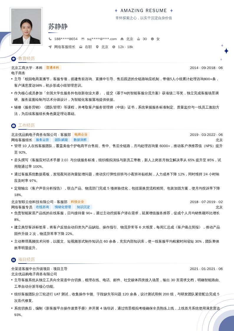 网络客服组长简历模板