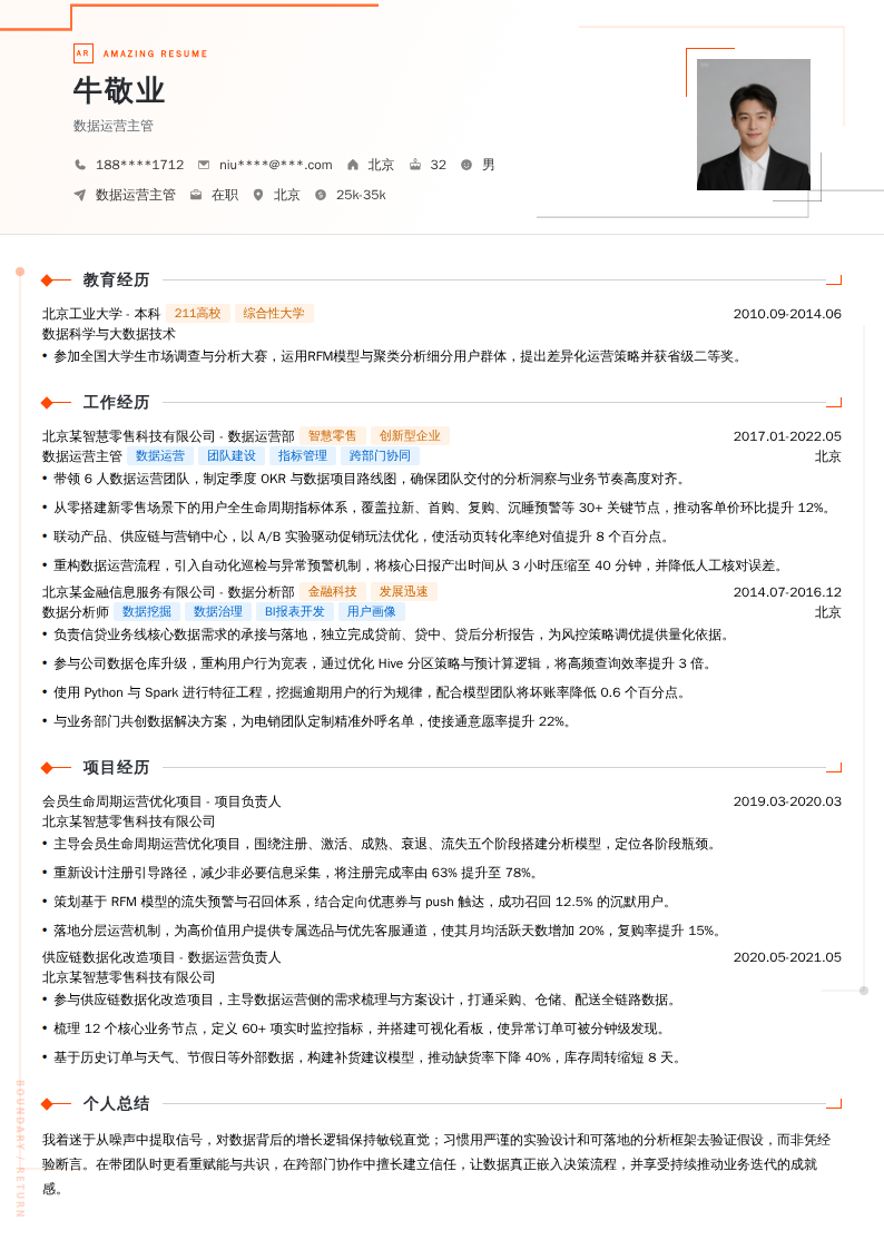 数据运营主管简历模板