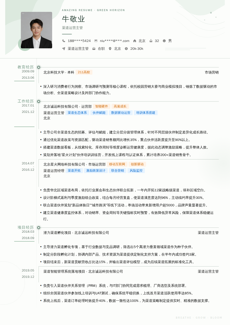 渠道运营主管简历模板