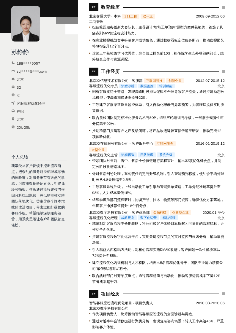 客服流程优化经理简历模板