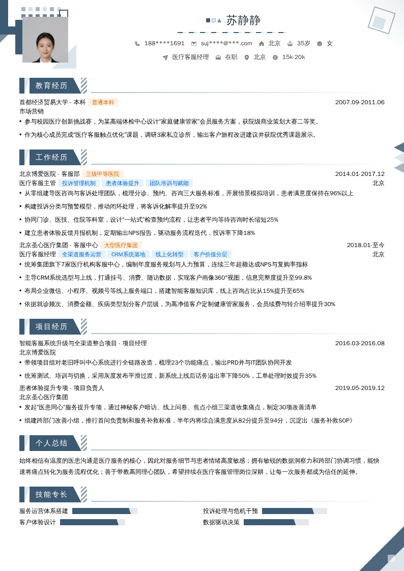 医疗客服经理简历模板