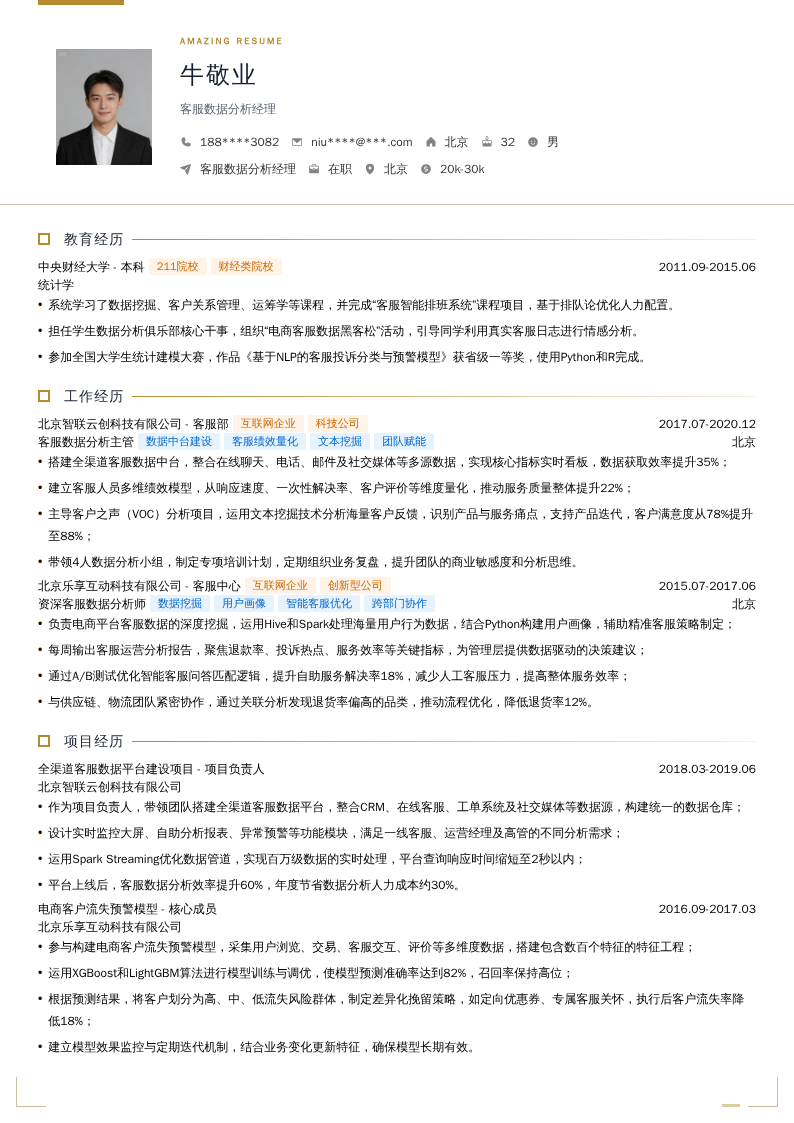 客服数据分析经理简历模板
