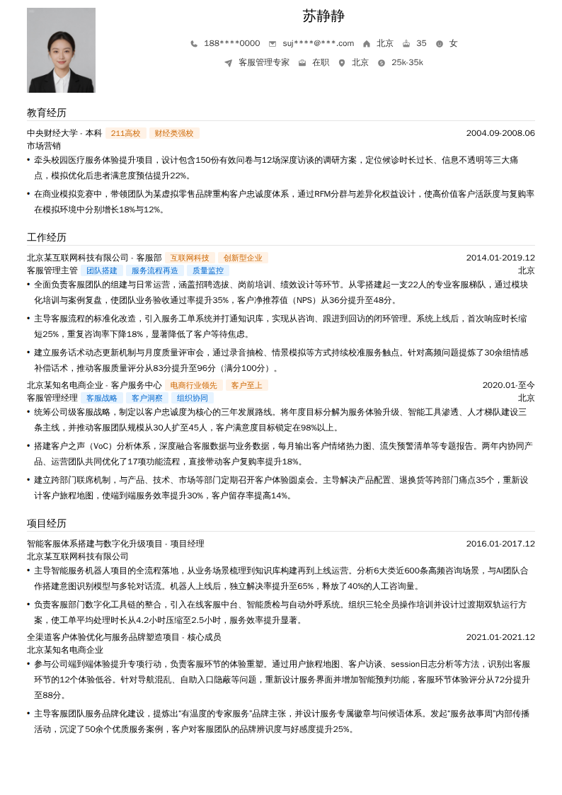 客服管理专家简历模板
