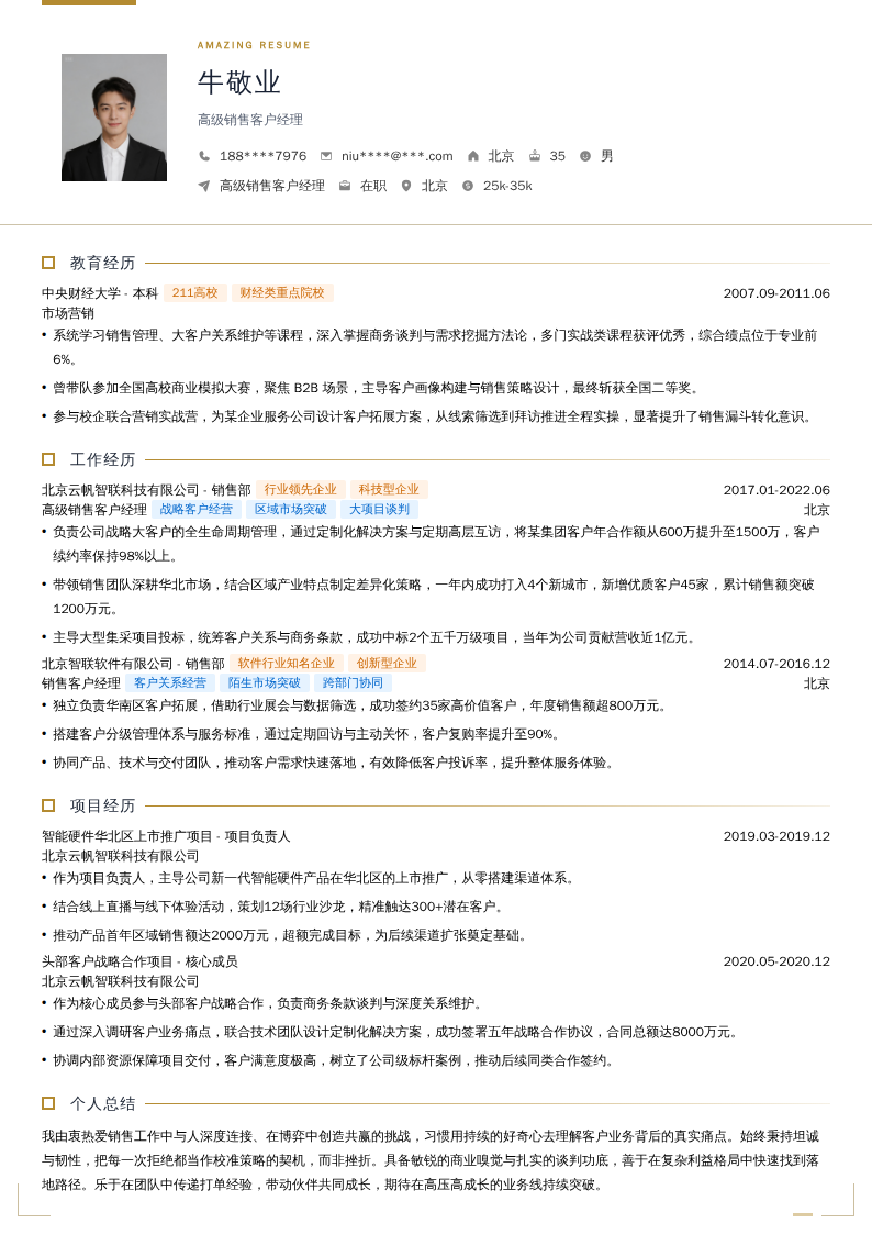 高级销售客户经理简历模板