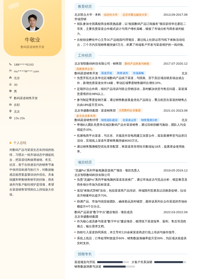 数码渠道销售开发简历模板