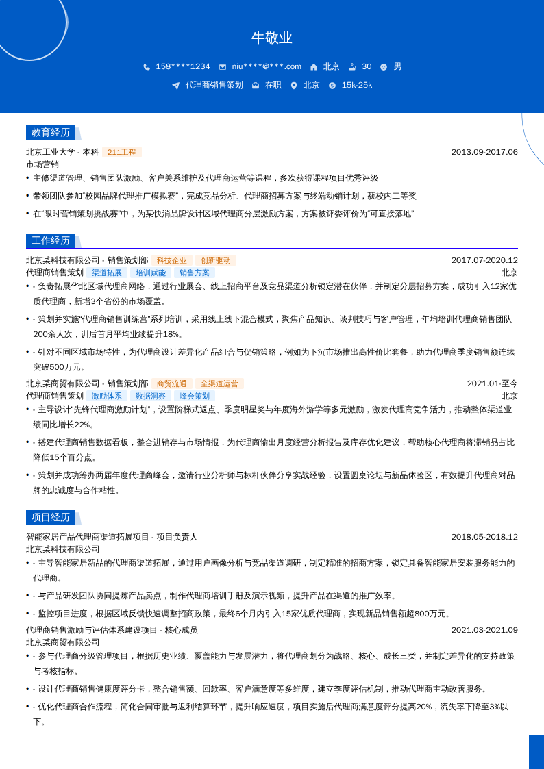 代理商销售策划简历模板