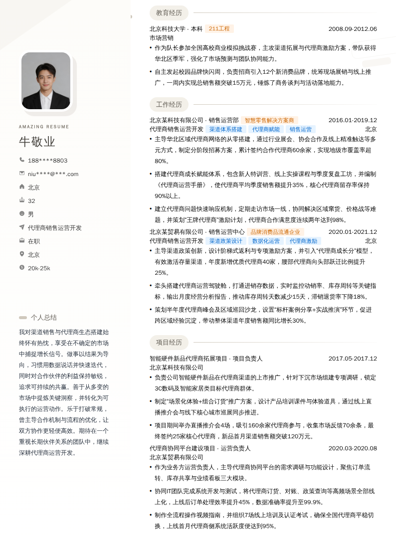 代理商销售运营开发简历模板