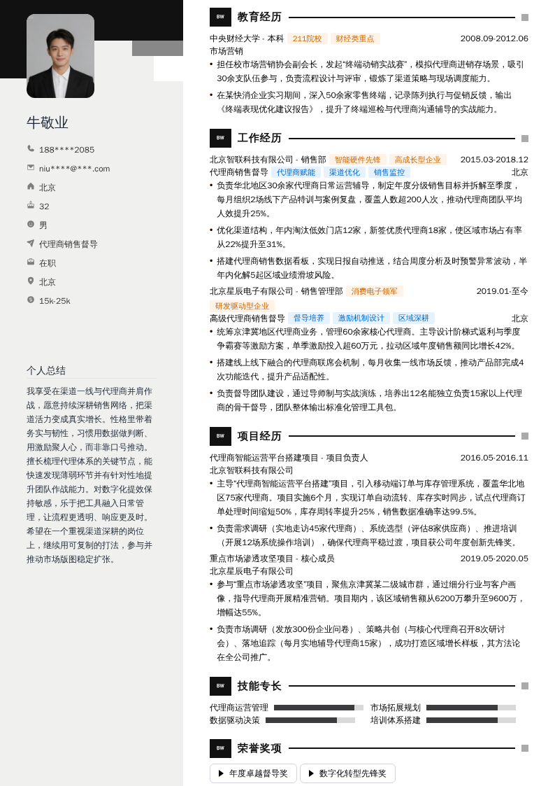 代理商销售督导简历模板