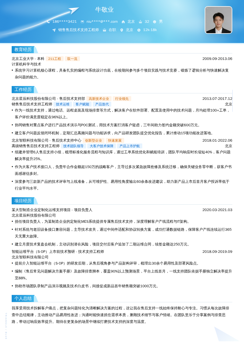 销售售后技术支持工程师简历模板