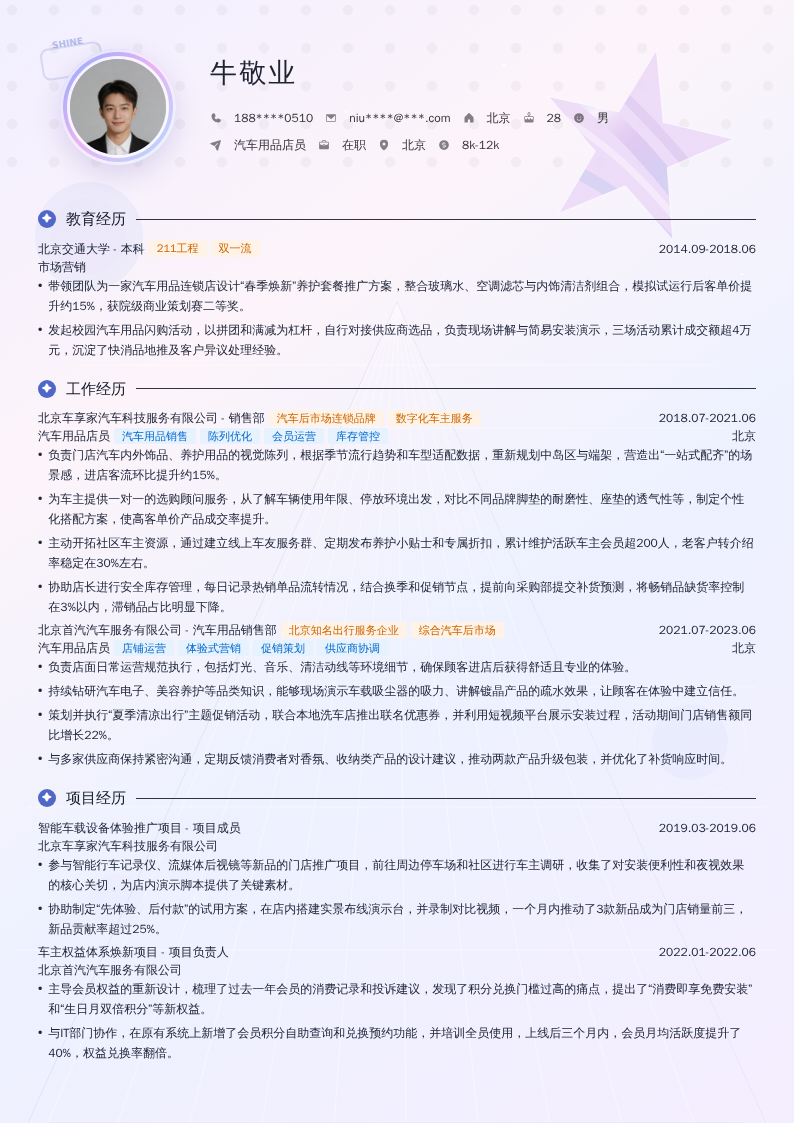 汽车用品店员简历模板