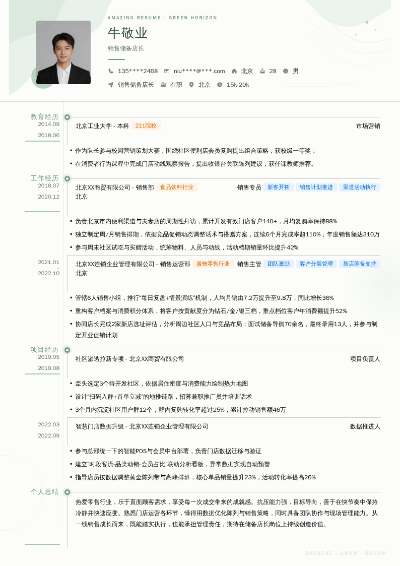 销售储备店长简历模板
