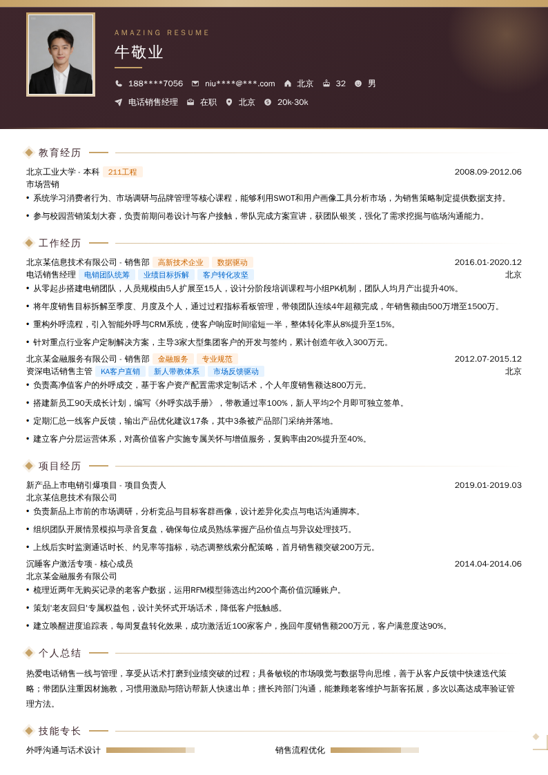 电话销售经理简历模板
