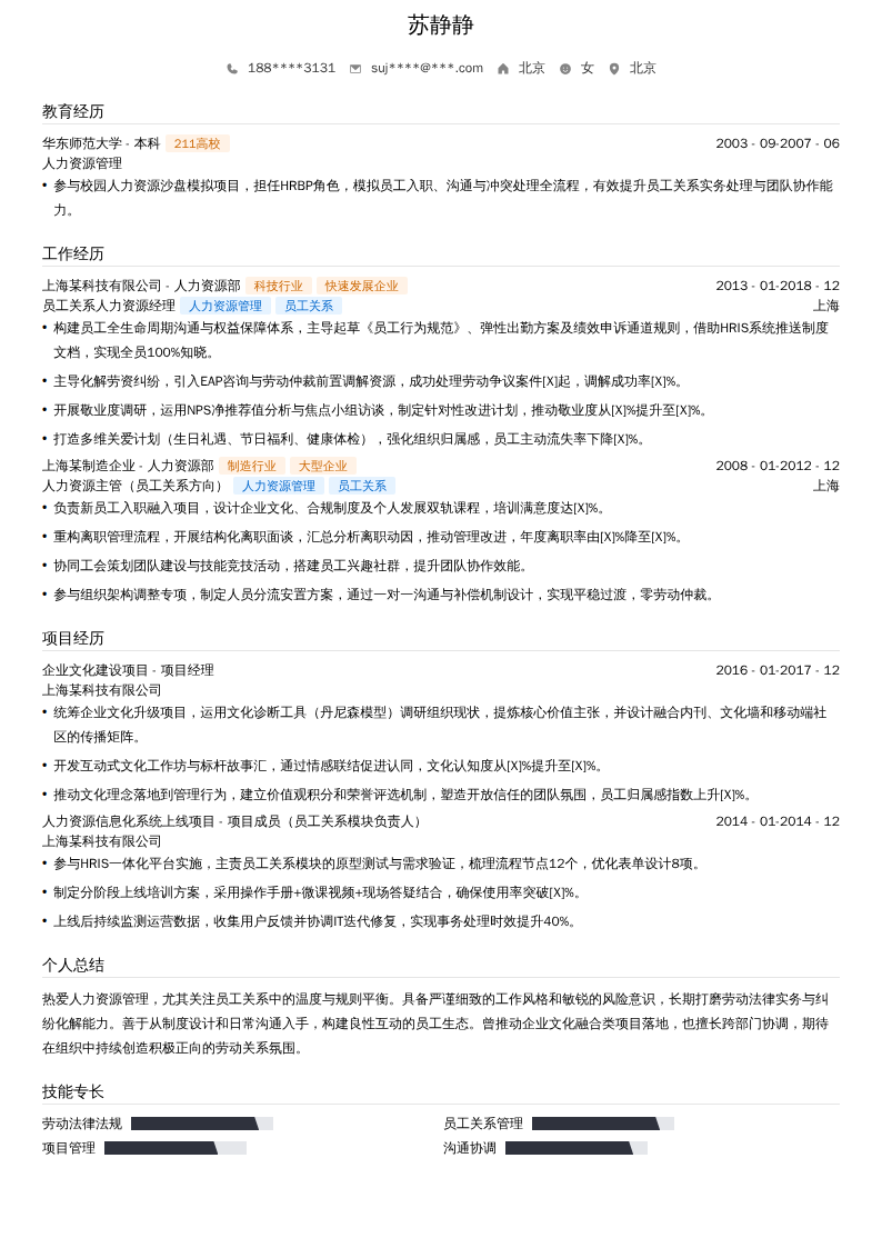 员工关系人力资源经理简历模板