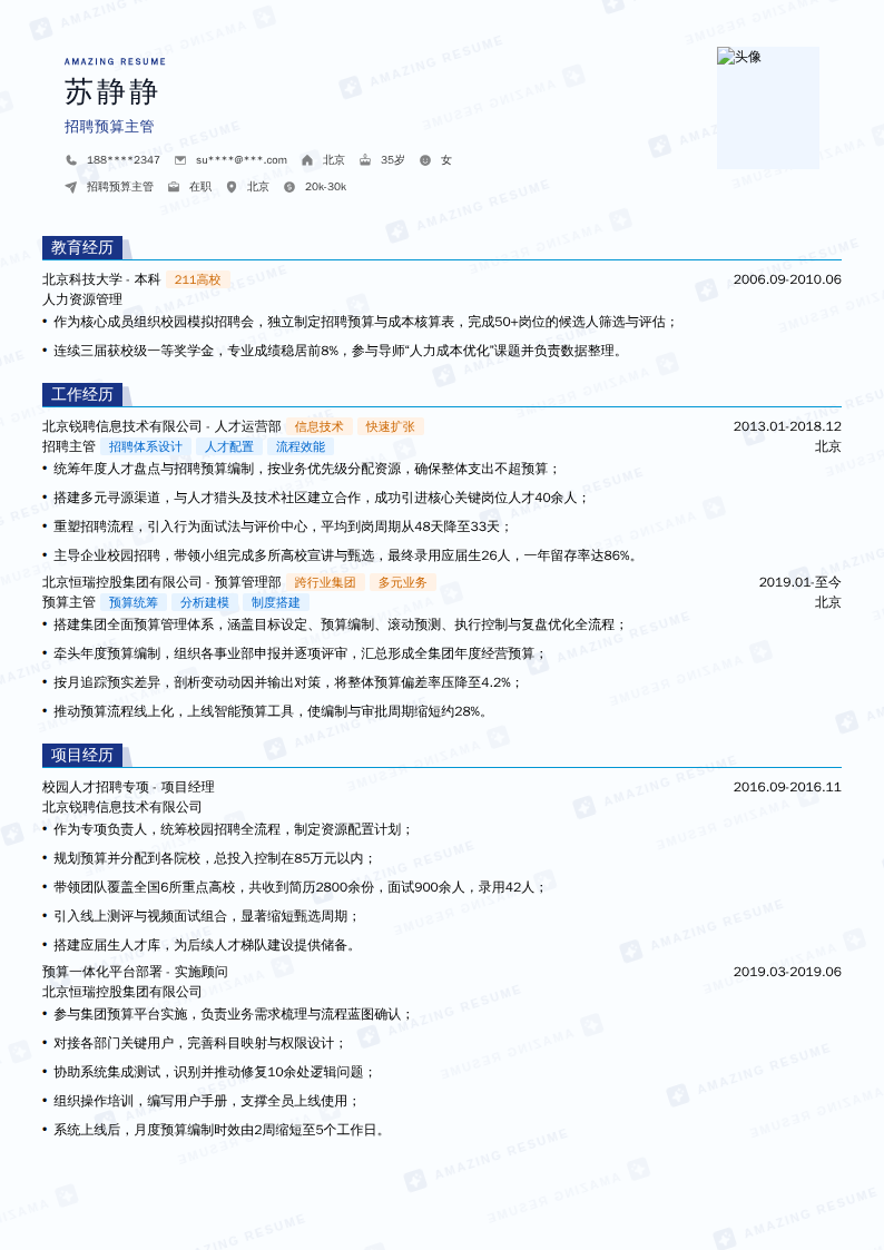 招聘预算主管简历模板