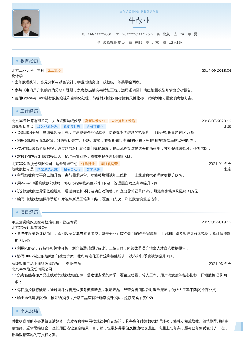 绩效数据专员简历模板