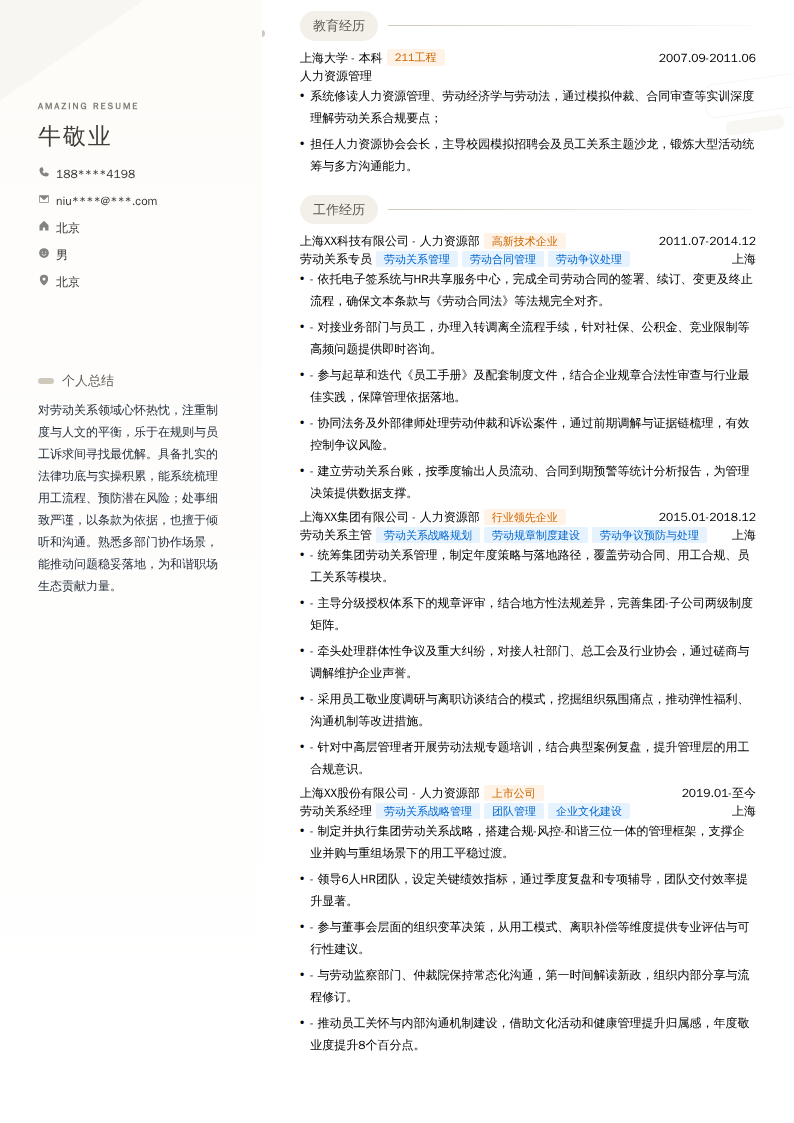 劳动关系经理简历模板