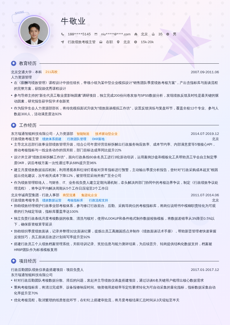 行政绩效考核主管简历模板