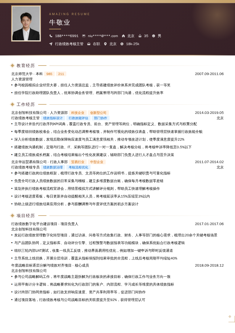 行政绩效考核主管简历模板