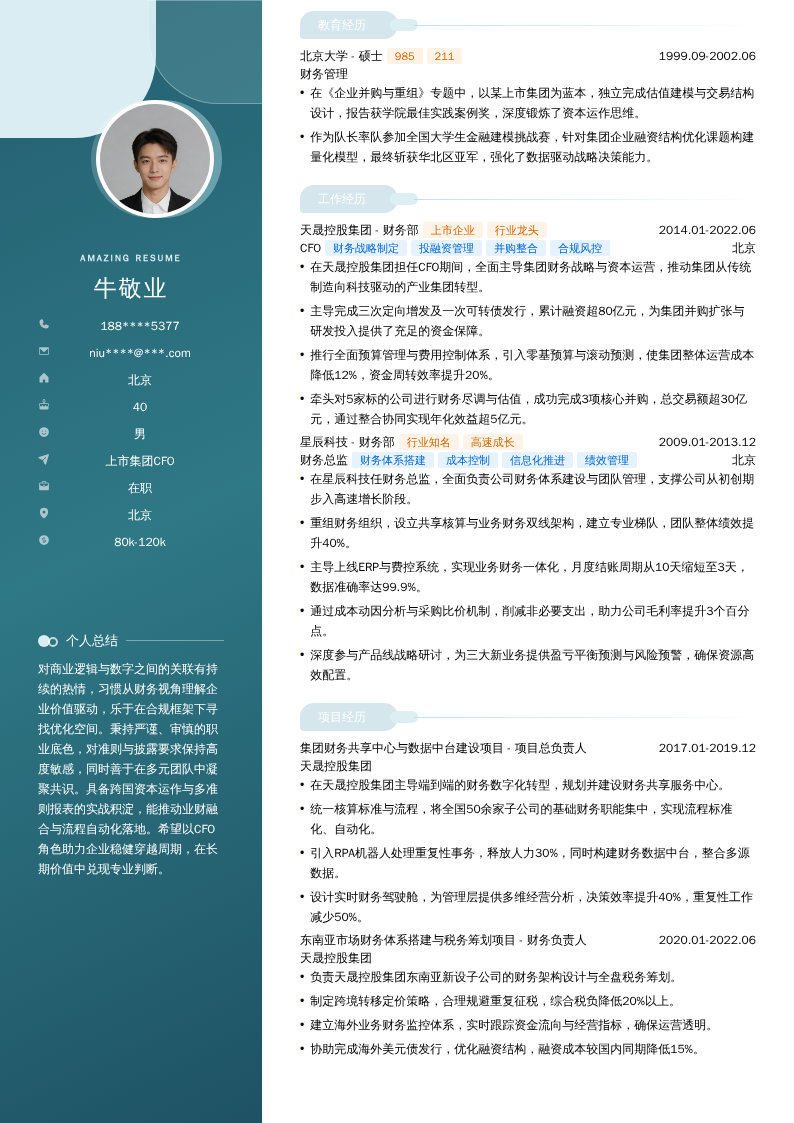 上市集团CFO简历模板
