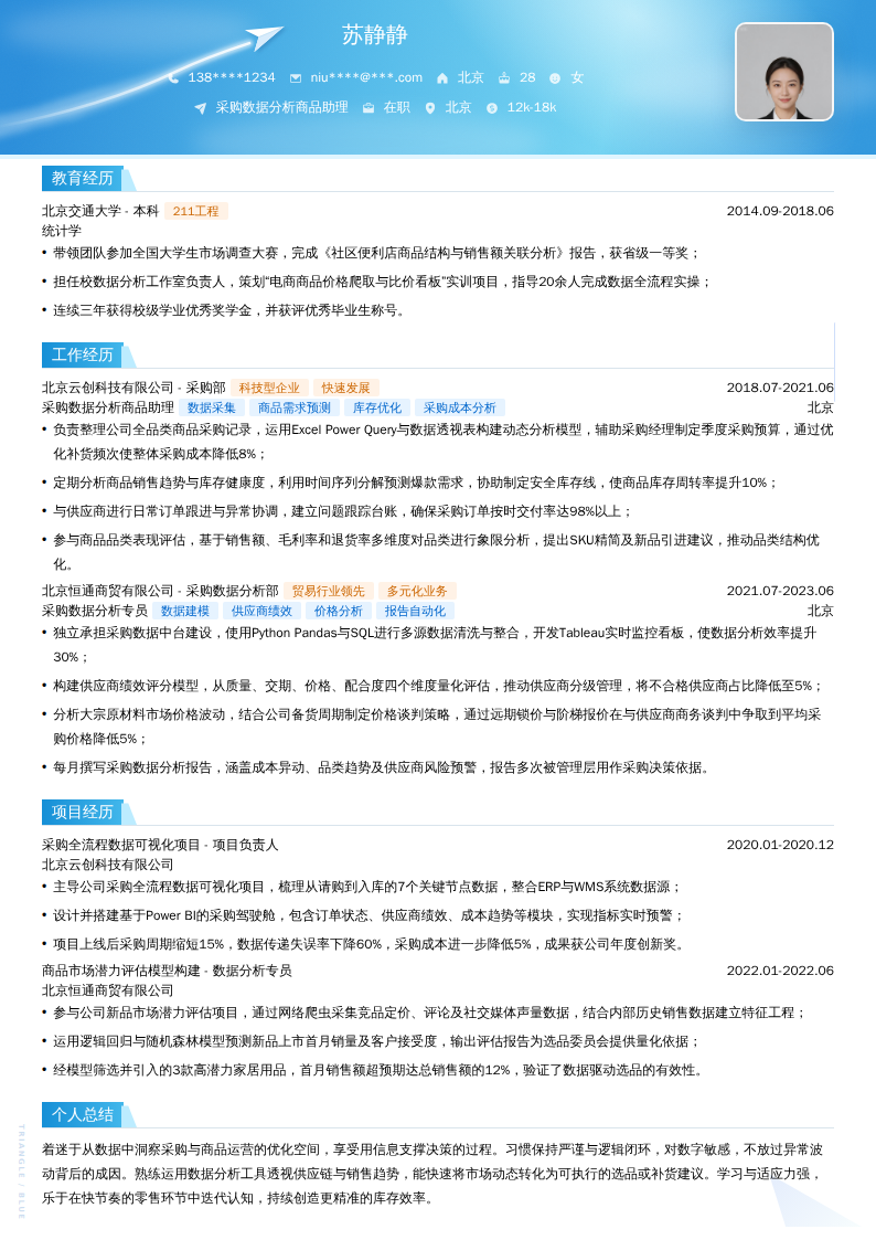 采购数据分析商品助理简历模板