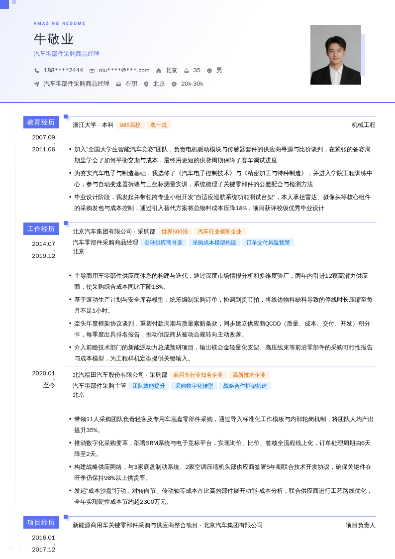 汽车零部件采购商品经理简历模板