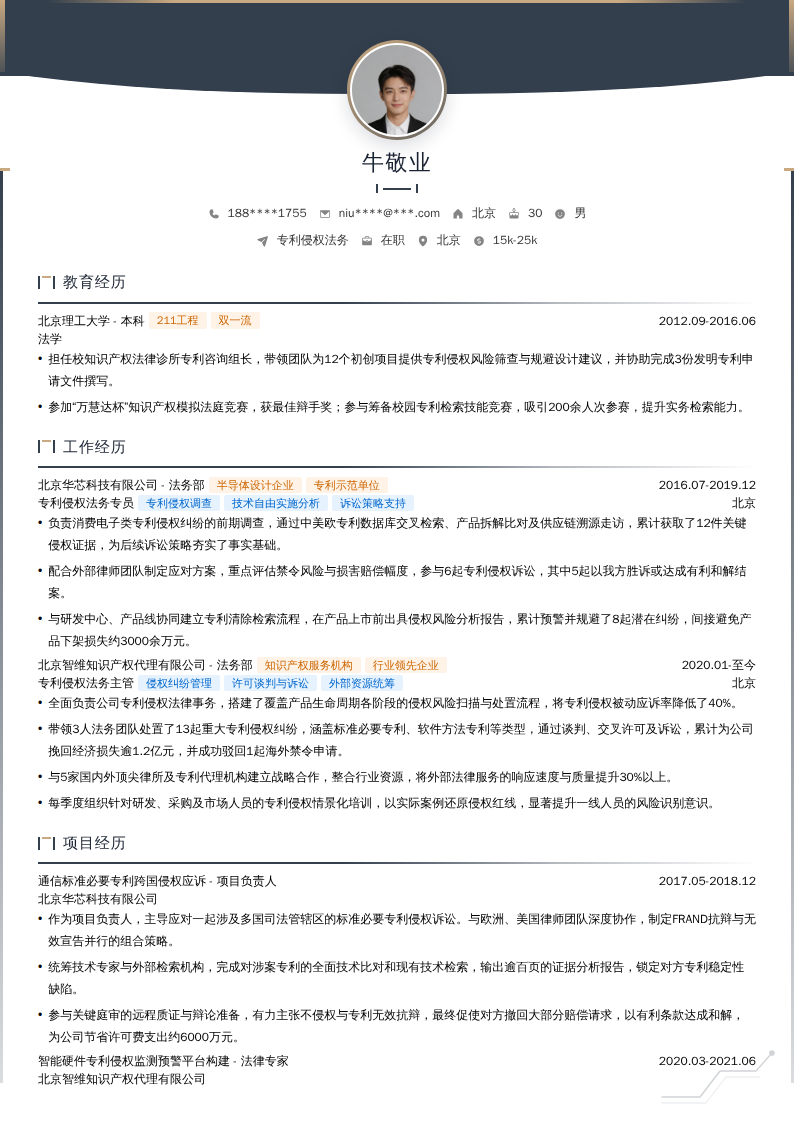 专利侵权法务简历模板