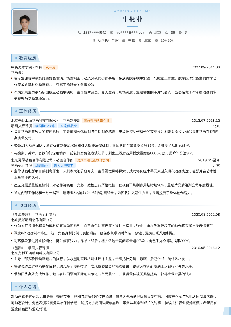 动画执行导演简历模板