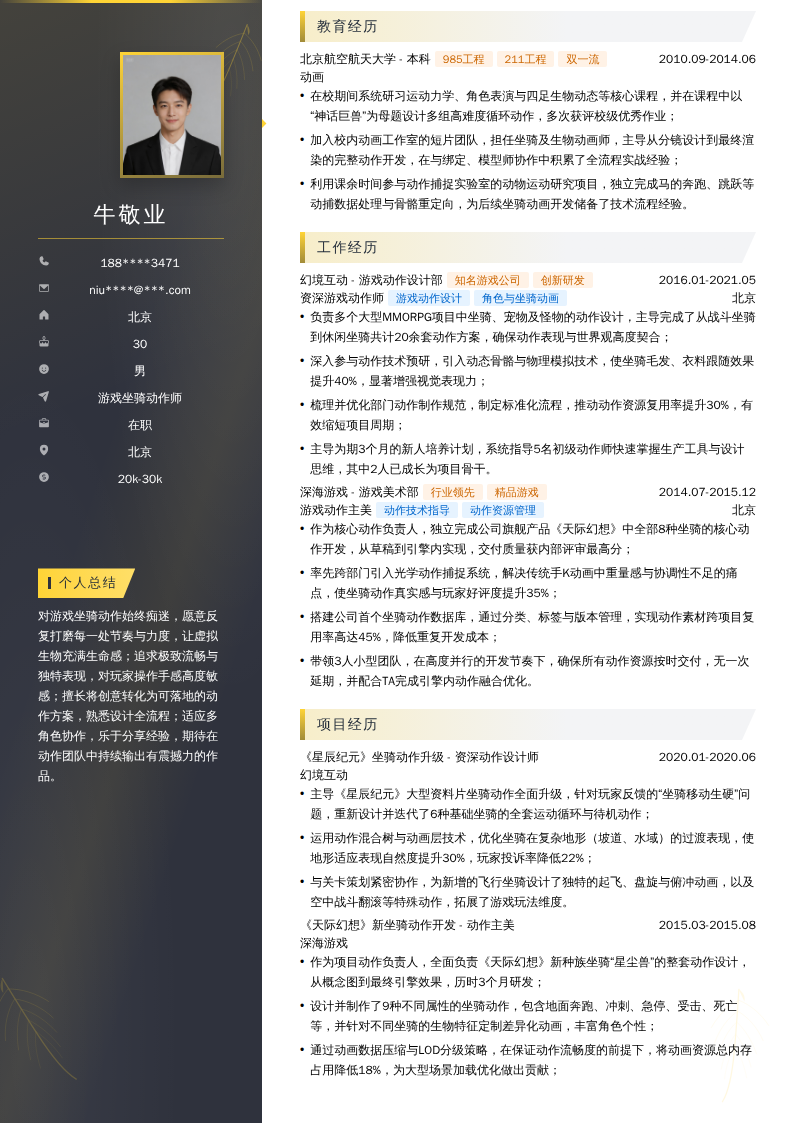 游戏坐骑动作师简历模板