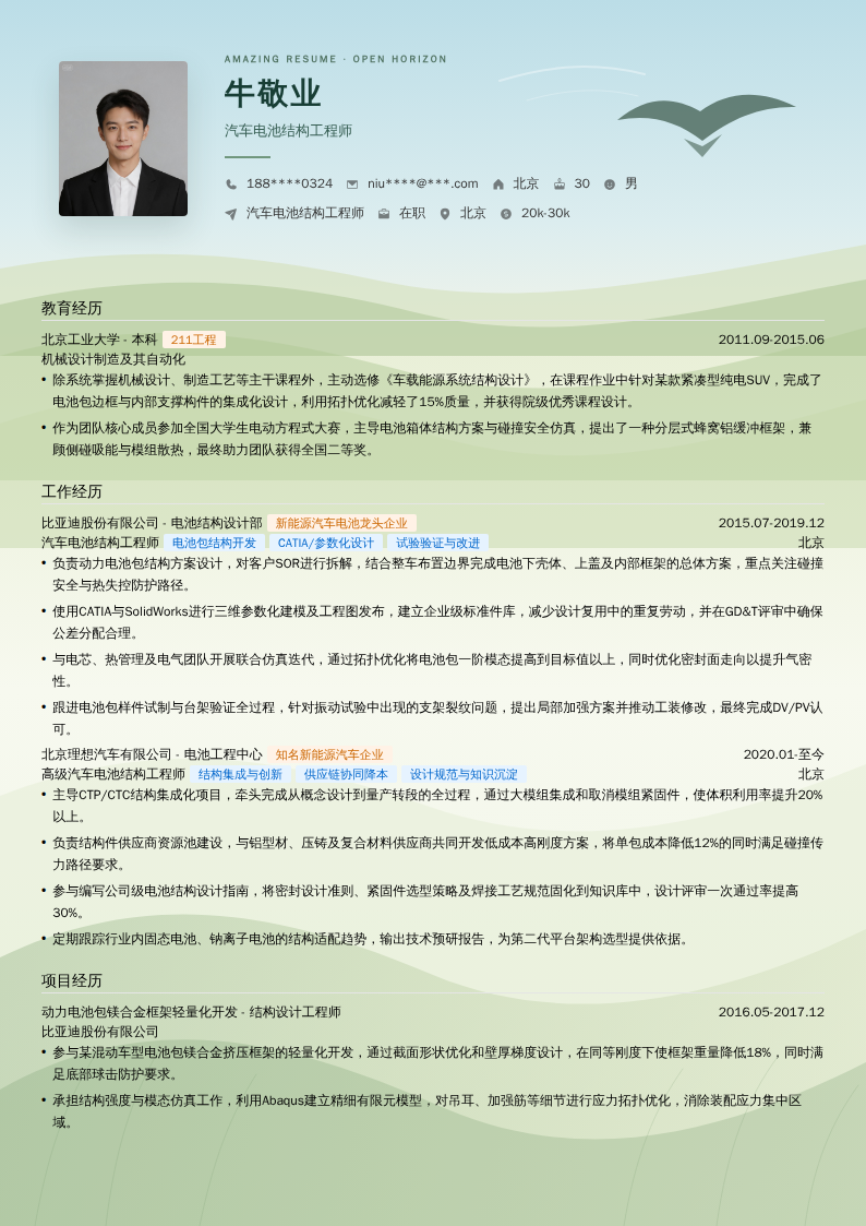 汽车电池结构工程师简历模板